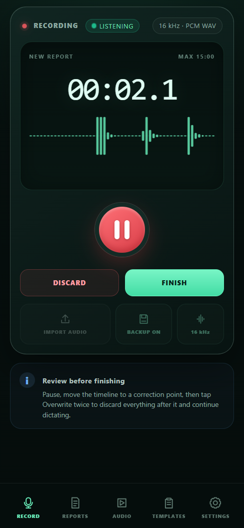 RadDictate mobile app recording a dictation, with timer, waveform, pause and finish controls