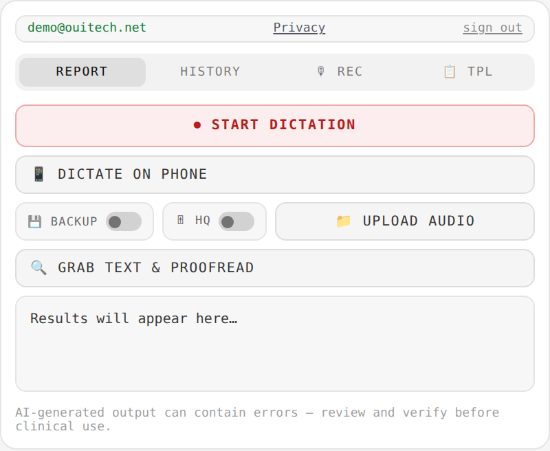 RadDictate Chrome extension popup with start dictation, dictate on phone, upload audio and proofread controls