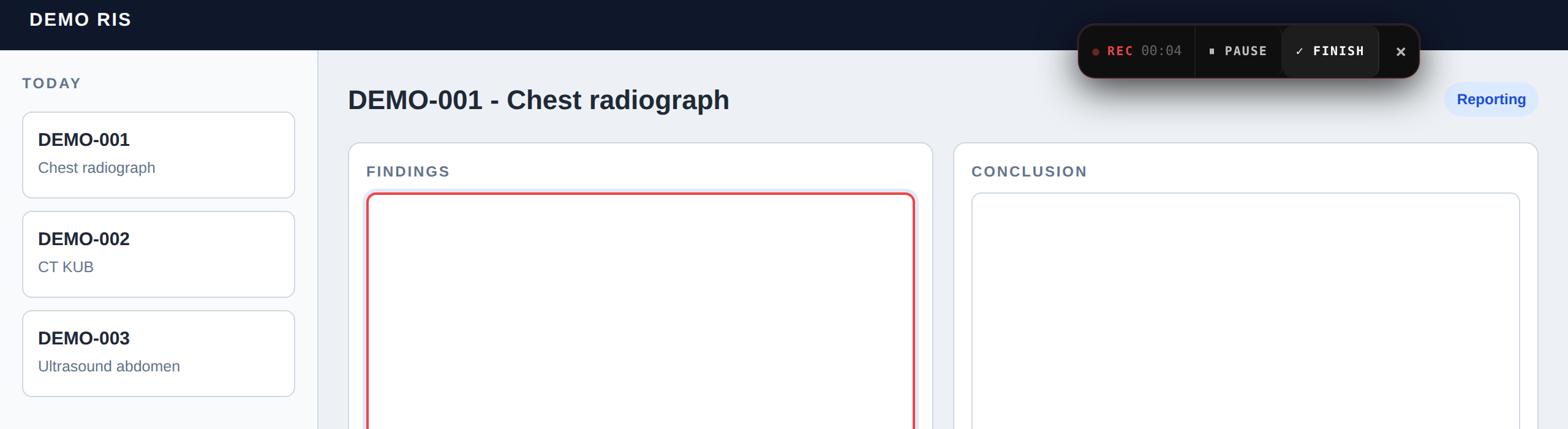 RadDictate Chrome extension recording inside a web RIS: the floating pill shows REC with pause and finish controls above the findings field